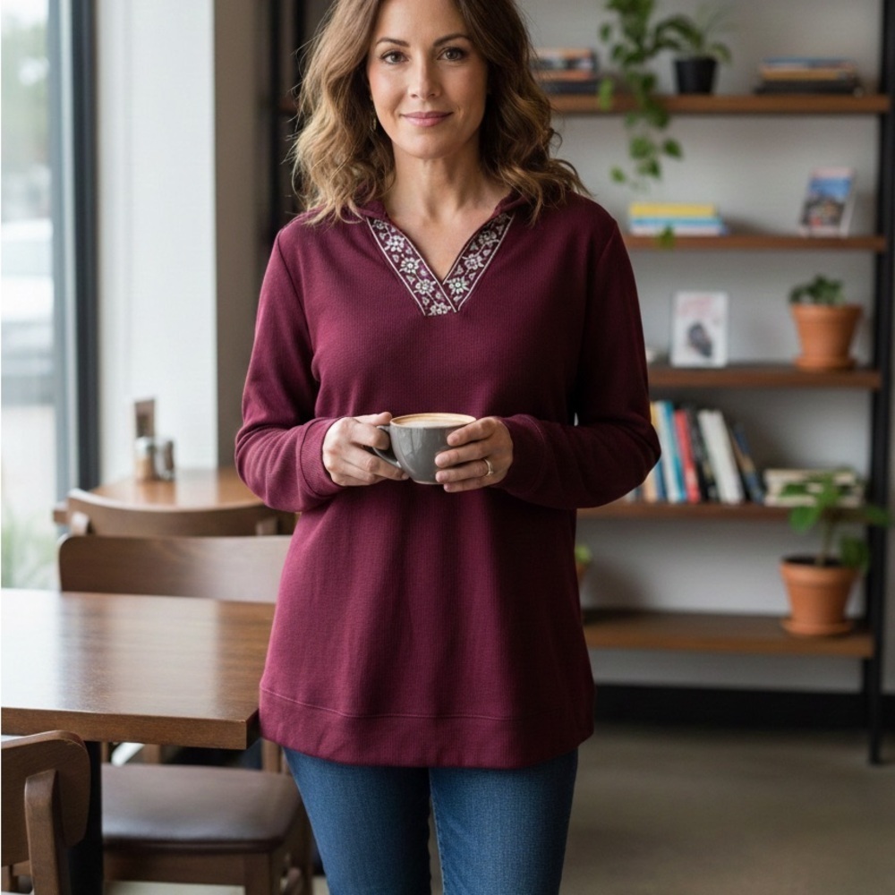 Elegant Burgundy Embroidered Women's Blouse 60% Cotton 40% Polyester